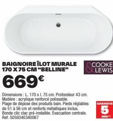 Baignoire Îlot Murale Belline: 669€ - L 170 x L 75 cm - Prof 43cm - Bonde & Pieds réglables.