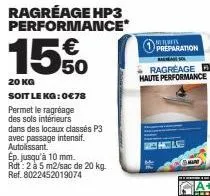 promo: ragréage hp3 performance 15% - 20 kg = 0€78 - autolissant jusqu'à 10 mm, rdt: 2 à 5 m2/sac.