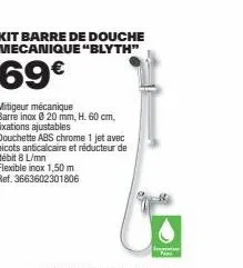 kit barre de douche mecanique blyth | 69€ | mitigeur mecanique, douchette abs, réducteur de débit 8l/mn