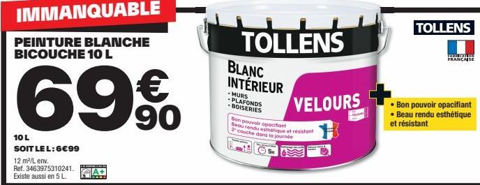 Tollens 10 L Blanc Intérieur 69% 5h peinture blanche bicouche - Immanquable - 6.99€, 12 m²/L, 5 L disponible.