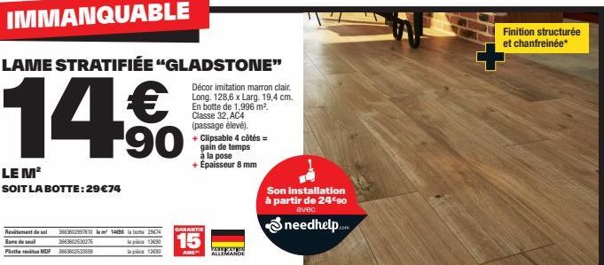 Lame Stratifiée Gladstone : IMMANQUABLE à 14€, Botte de 1,996 m² à 29€74 - Robuste, Marron Clair, Classe 32, AC4.