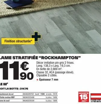 rockhampton : lame stratifiée imitation pin gris, ac4, 2 frises & clipsable. 2,669m², ép. 19,3cm, 32 classe.