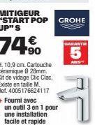 Kit de Mitigeur Grohe Start Pop Up H. 10,9 cm + Vidage Clic Clac + Outil de 3 en 1 - Installation Facile - Ref 4005176624117