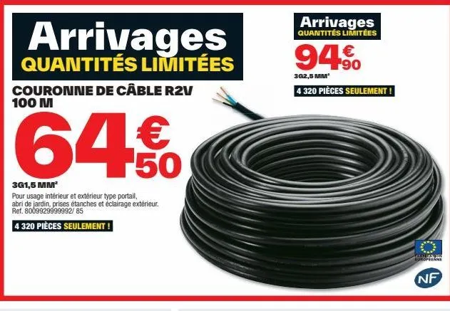couronne de câble r2v 100 m 64€: 50 3g1,5 mm² - arrivages limités pour portails, abris & éclairages extérieurs!