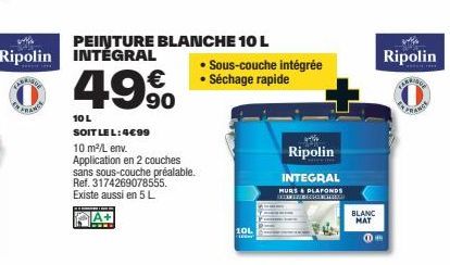 Ripolin INTÉGRAL : 10 L A+ de Peinture Blanche à 4,99€/L (49% de réduction) - 10 m²/L - 2 couches sans sous-couche préalable. Existe aussi en 5 L