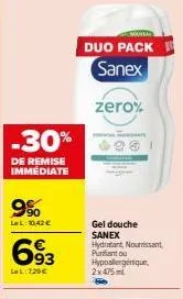 offre -30% : duo pack sanex - gel douche 2x475ml, hydratant/nourrissant/purifiant/hypoalergénique ! 10,42 € !