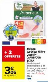 Nouveau Jambon Supérieur CarrefourExtra : 4+2 OFFERTES, Nutri-Score Le Supérieur sans antibiotiques, à 12,75 €.