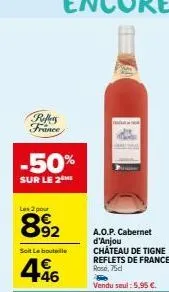 50% de réduction - bouteille aop cabernet d'anjou château de tigne reflets de france rose 75cl dès 5,95€!