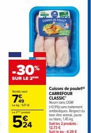 Promo de 30% sur le Poulet Carrefour Classic - Nouri sans OGM 0.9% sans antibiotique et respect du bien-être animal ! 537€ à 524€.