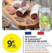 Assortiment de Saucissons des Alpes : Découvrez le Lot 35 Lekg pour 155€ ! 5 Variétés : Pur Porc, Taureau, Piment, Poivre Vert et Comté. 600 g.