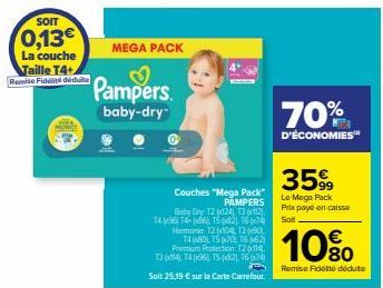 MEGA PACK Pampers Baby-Dry: 0,13€ de Remise Fidélité | Couches T4+ 1496 14+x96T5682116
