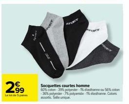 Lot de 5 PORCY Socquettes Courtes Homme 60-56% Coton à 2.99€ - 39-35% Polyester-7% Polyamide-1% Elasthanne - Coloris Assortis!