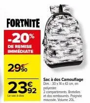 promo -20%: sac à dos camouflage dim.: 30x14x43cm, 2compartiments, poignée moussée, 201l.