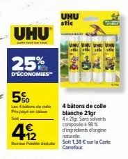 uhu stic: 25% d'économies + 5% avec remi fide, 4 bâtons de colle blanche sans solvant 98% d'i.