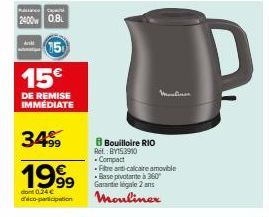 Promo : Bouilloire RIO BY153910 Compact à 15€ de Remise - Fire Anti-calc. Amovible et Base Pivotante à 360°