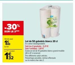 Lot de 50 gobelets blancs 20cl en carton biodegradable avec -30% sur le 2nd produit !