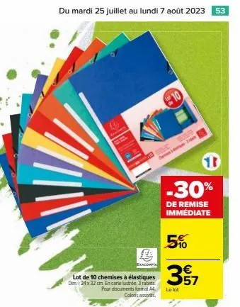 lot de 10 chemises à élastiques exacompta -30% - 24x32 cm, 3 rabats, cartelustrée, coloris assortis