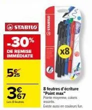 stabilo point max: 8 feutres d'écriture coloris assortis, -30% de remise immédiate!