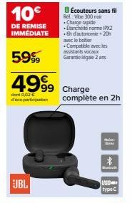 Économisez 10€ sur l'Écouteur sans fil JBL Vibe 300 Noir: 59% de réduction, 4999 Charge, 6h d'Autonomie et Etanchéité IPX2!