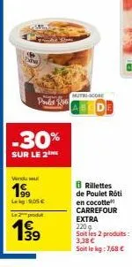 promo -30% : 2 pakets rillettes de poulet róti carrefour extra (220 g, 7,68 €/kg) à 3,38 €!