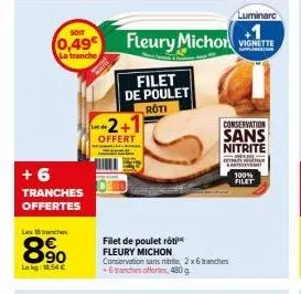 pack 2+1 luminarc fleury michon: filet de poulette roti sans nitrite à 1,54€/kg + 6 tranches offertes à 0,49€!