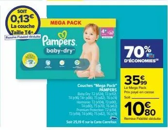 mega pack pampers baby dry: couches 12-16 (124-1674) + 0,13€ remise fidélité!