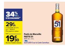 Économisez 34% sur le Pastis de Marseille PASTIS 51 45%vol, 1,5 L à 9,95€ chez Carrefour!