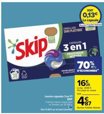 Skip Fraicheur Intense 3en1 Active Clean 70% - Promo: 11,38€ sur Carte Carrefour. Sans Plastique.