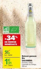 Bénéficiez de 34% de Remise Immédiate sur la GALVANINA Boisson Gazeuse Bio (355ml): Grenade, Citron Limonade ou Orange - 5.61€/LeL, 1€31/369€!