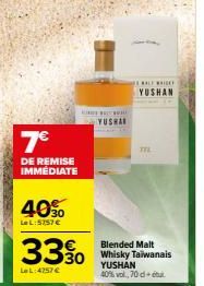 YUSHAN Blended Malt Whisky Taiwanais - 40% vol, 70 di+cti - Offre Spéciale : 7€ de Remise Immédiate, 33% LeL:4757€ & 40% LeL:5757€!