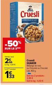 50% de Réduction sur le Cruesli Chocolat et Noix QUAKER - 450g pour seulement 3,99€ au kg!