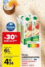 C'est le Moment d'Economiser -30% sur le 2ème Produit C et 6% chez Vendul: Pomme Pur Jus CARREFOUR EXTRA, 4x1L à 10.54€, Soit 1.32€ par Litre!
