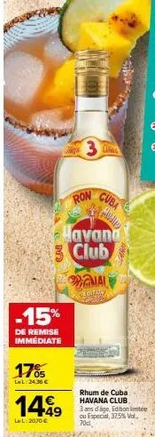 havana club 3 ans rhum avec remise de -15%! especial 37,5% vol. 70cl edison limitée à seulement 14,49 lel!