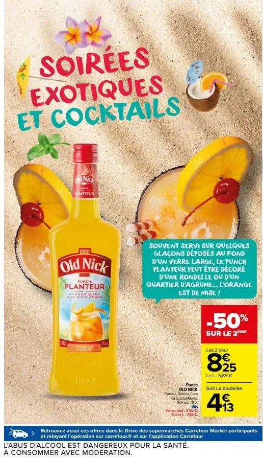 le cocktail old nick planteur 1893, une explosion de saveurs exotiques! promo 70d: rhum blanc et ambre servi sur quelques glaçons dans un verre large.”