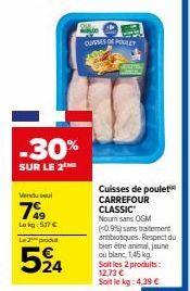 Profitez de -30% sur les Cuisses de Poulet Carrefour Classic Nouri sans OGM sans traitement antibiotiques!