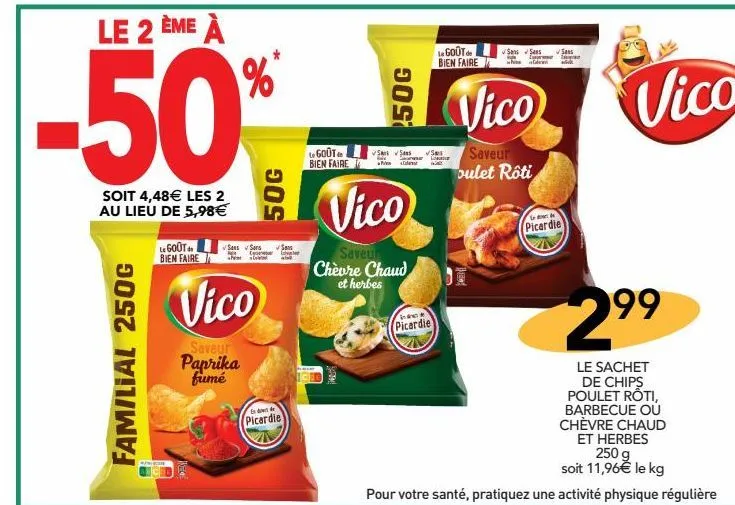 le sachet de chips poulet roti, barbecue ou chevre chaud et herbes vico