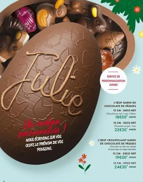 eufs garnis de chocolat de pâques personnalisés - sanac julie pasternaly : 240g net, 13 cm, 3 options de chocolat !