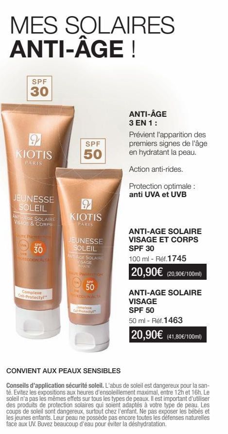 MES SOLAIRES Anti-Âge: Soin Visage & Corps SPF30, UVA - Avec 2 Kiotis Paris Jeunesse Soleil & Complexe Cell Protectyl SPF50