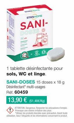 Stanhome Sani-Doses : Désinfectant Multi-Usages, 15 Doses x 18 g à 13,90 € (51,48 €/kg) ! ATTENTION !