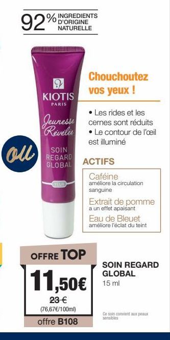 Le Soin Regard Global YELOX ACTI de KIOTIS Paris : 92% d'origine naturelle, reducez rides et cernes, illuminer le contour de l'œil ! Promo.