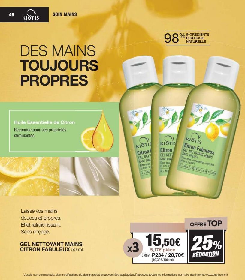 KIOTIS GEL: Soin des Mains au Citron, Sans Rinçage, Double Action: Rafraîchissant & Doux!