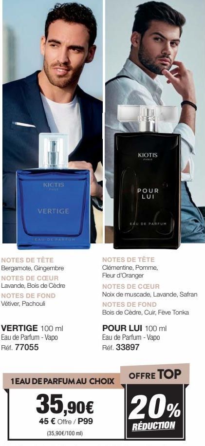 Vertige Eau de Parfum - Notes de Tête Bergamote, Gingembre, Lavande & Bois de Cèdre - Spécial Pour Lui - KIOTIS Paris - 100ml Vapo Réf. 77055