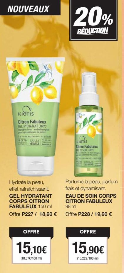 Nouveau Kiotis Citron Fabuleux: Gel Hydratant Corps aux Huiles Essentielles 93% - Pour Été Fabriqué Recyclé!