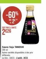 promo -60% : sauce soja tanoshi 200 ml à 16€15 le litre ou 2e l'unité!