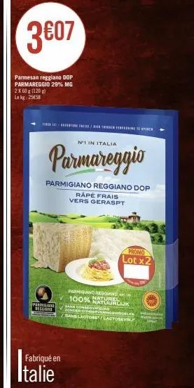 parmigiano reggiano dop râpé frais parmareggio: 2x60g (120g), 29% mg, n1 en italie.