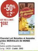 merveilles du monde laits chocolat lait noisettes et amandes pilées -50% sur l'unité: 1€82 - le kg: 24€30!