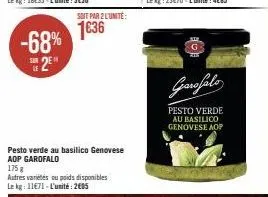 pesto verde au basilico genovese aop garofalo : 68 % de réduction à 11,71 € le kg ou 20,05 € l'unité