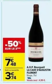 affaire à ne pas manquer ! 50% de réduction sur le a.o.p. bourgueil la cave d'augustin florent rouge, 75cl - 394 € au lieu de 4,99 €.