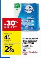 carrefour essential: essuie-tout blanc ultra absorbant, 6 rouleaux à 2,90€ avec -30% sur le 2e!