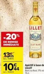 achetez lillet ullet blanc -20% de réduction immédiate et profitez de super économies! -17,40€/104l, 1392€/1305l.
